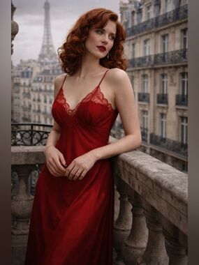 True Vintage Cherry Red Art Deco Rare European Slip Dress Gown Full Sweep Nylon